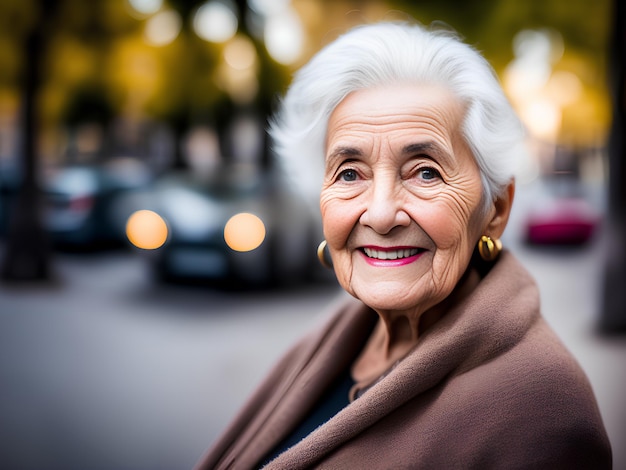 Vecchia donna sorridente su sfondo sfocato città IA generativa