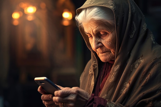 Vecchia donna utilizzando uno smartphone