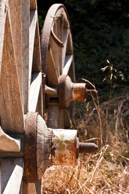 Vecchia foto d'epoca delle ruote del carrello del carrello del cavallo di legno