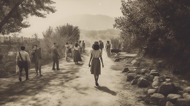 vecchia fotografia donna felice che cammina lungo il sentiero e uno sfondo hd di gruppo