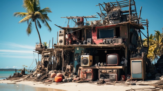 Vecchia fotografia vintage di una capanna sull'isola con stile cyberpunk