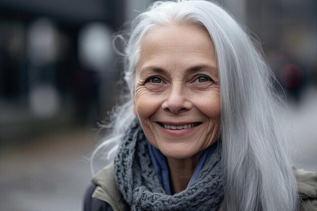 Vecchia graziosa bellissima donna europea dai capelli grigi degli anni settanta sorride in un ritratto all'aperto