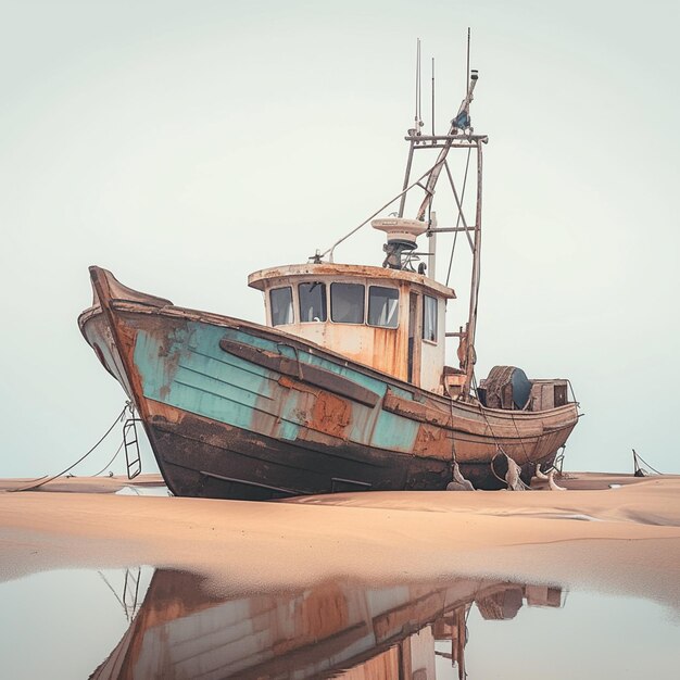 Vecchia imbarcazione da pesca poggia sulla costa sabbiosa scena marittima nostalgica per i social media Post Size