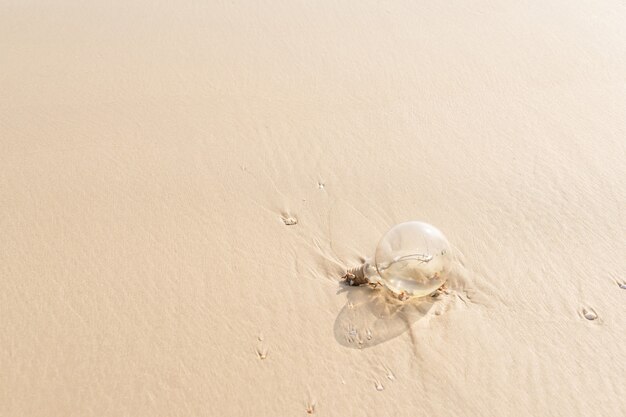 Vecchia lampada con ruggine su una spiaggia con sabbia gialla.