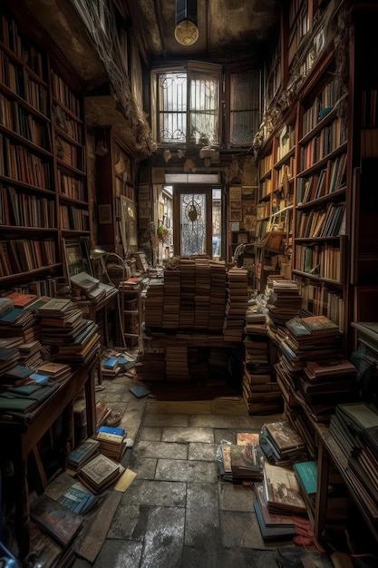 Vecchia libreria Biblioteca con montagne di libri