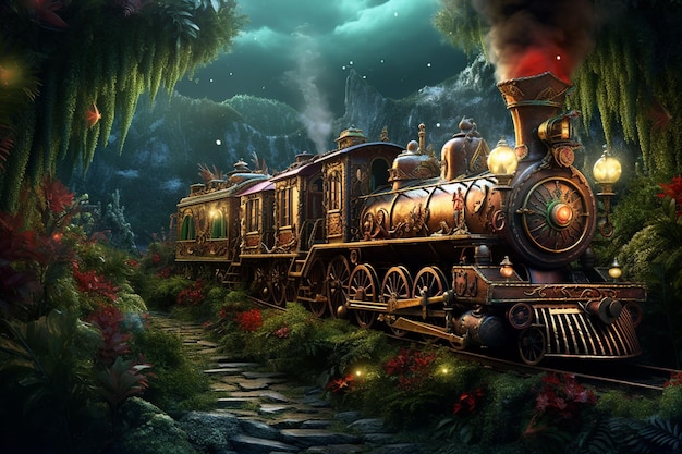 Vecchia locomotiva a vapore che guida nella foresta blu fata Sfondo natalizio