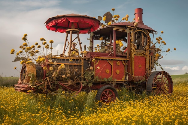 Vecchia locomotiva in un giardino di fiori