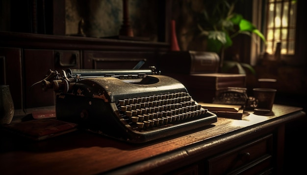 Vecchia macchina da scrivere su tavolo rustico in legno, un oggetto d'antiquariato nostalgico generato dall'intelligenza artificiale