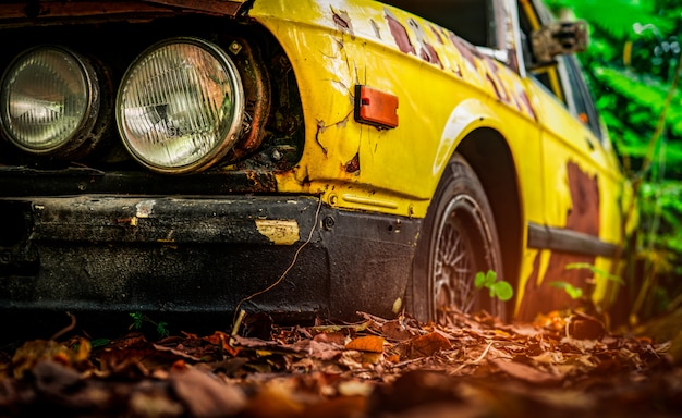 Vecchia macchina distrutta in stile vintage. Automobile gialla arrugginita abbandonata nella foresta