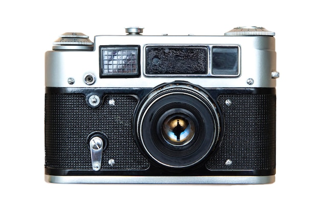 Vecchia macchina fotografica sovietica isolata su sfondo bianco Retro vintage