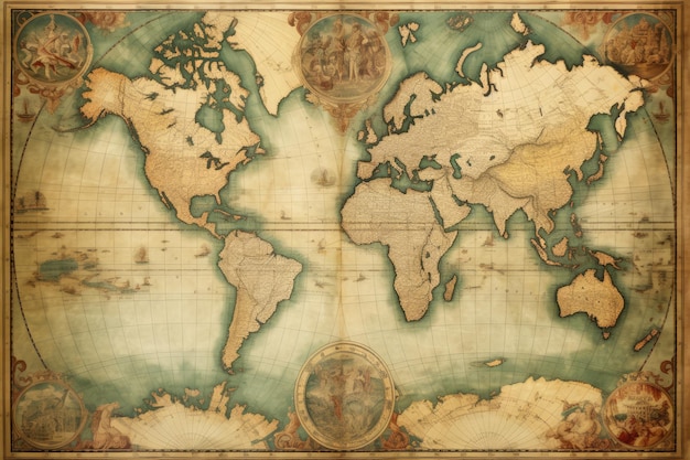 vecchia mappa del mondo su sfondo di legno in stile vintage mappa del mondo antica su Mercators proiezione AI generata