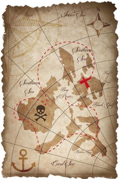 Vecchia mappa del tesoro dei pirati su sfondo bianco illustrazione