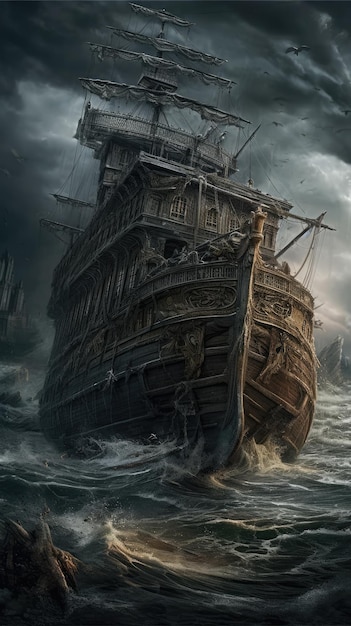 vecchia nave epica oscura fantasia illustrazione magia il raduno spaventoso orrore atmosferico raccapricciante