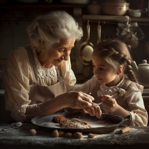 Vecchia nonna e nipote bambino insieme prendendosi cura e godendosi il pranzo a casa alla luce della finestra concetto di famiglia e persone di diverse età in attività di svago al chiuso donna stile di vita sano