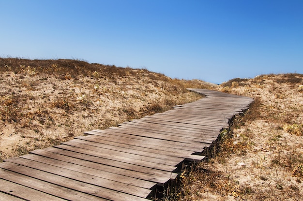 Vecchia passerella in legno sulla spiaggia sulla scena del cielo blu chiaro