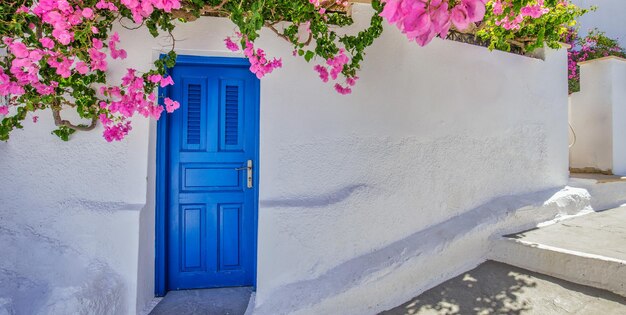 Vecchia porta blu e fiori rosa architettura tradizionale greca isola di Santorini Grecia Romance