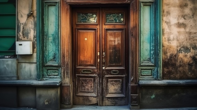 Vecchia porta d'epoca Sfondo antico porta di legno con serratura e maniglia sull'architettura Generativo Ai