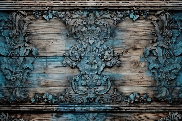 Vecchia porta di legno con ornamenti floreali in tonalità blu