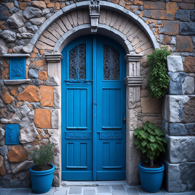 Vecchia porta e finestra testurizzate variopinte antiche in una parete di pietra in Grecia Oia Santorini