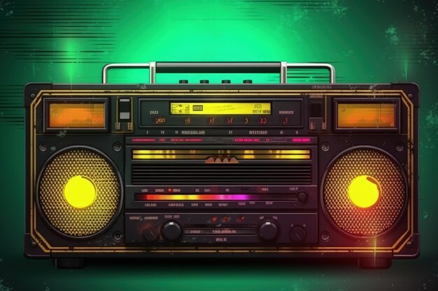 Vecchia radio anni '80 e '90 in stile retrò sfondo colorato illustrazione digitale IA generativa