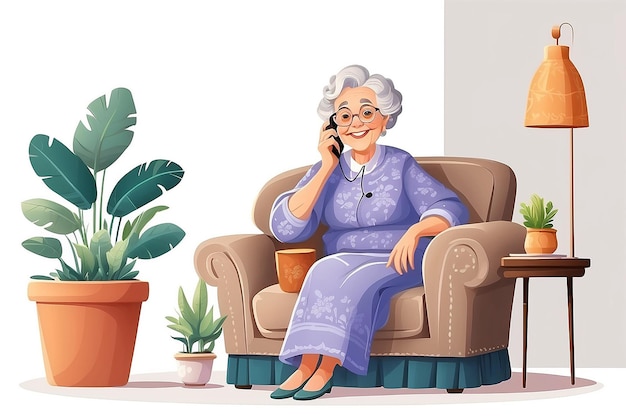 Vecchia signora donna anziana o nonna seduta in una poltrona accogliente e che parla al telefono Ritratto della nonna a casa Personaggio di cartone animato femminile sorridente isolato su sfondo bianco