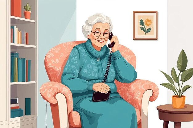 Vecchia signora donna anziana o nonna seduta in una poltrona accogliente e che parla al telefono Ritratto della nonna a casa Personaggio di cartone animato femminile sorridente isolato su sfondo bianco