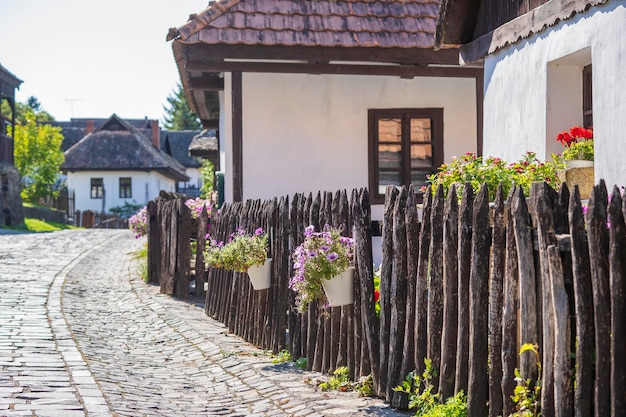 Vecchia staccionata in legno rurale con fiori sulla strada nel villaggio etnografico Holloko in Ungheria Europa