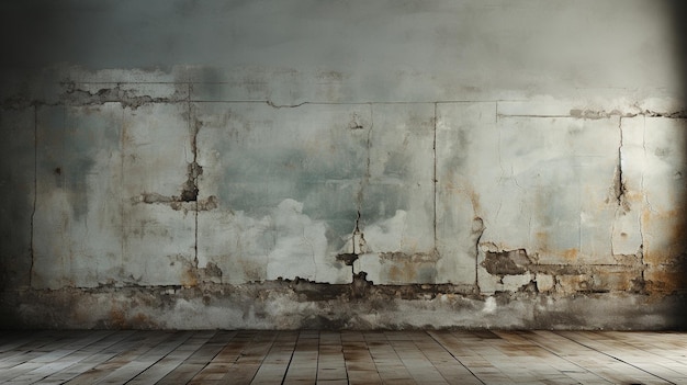 Vecchia stanza grungy con parete di cemento e pavimento di legno sfondo vintage ai generativo