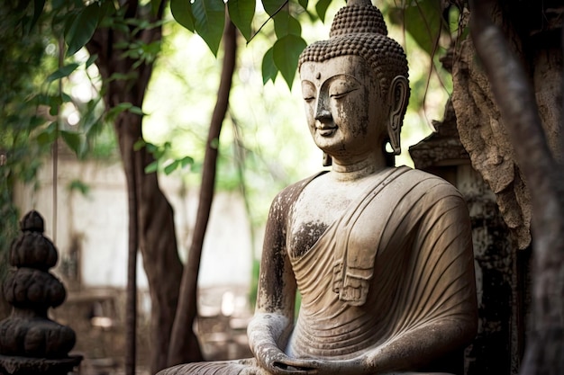 Vecchia statua di buddha nel giardino del vecchio tempio buddista sullo sfondo di alberi creati con generati