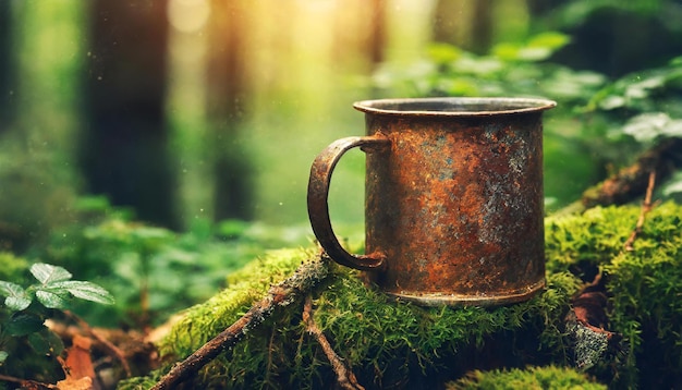 Vecchia tazza di metallo arrugginito nella foresta Coppa per bevande calde Muschio verde