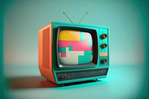 Vecchia TV, televisione retrò in stile anni '80 e '90, sfondo colorato. IA generativa