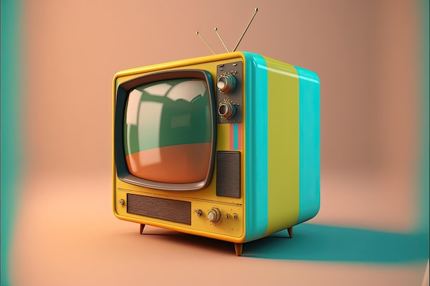 Vecchia TV, televisione retrò in stile anni '80 e '90, sfondo colorato. IA generativa