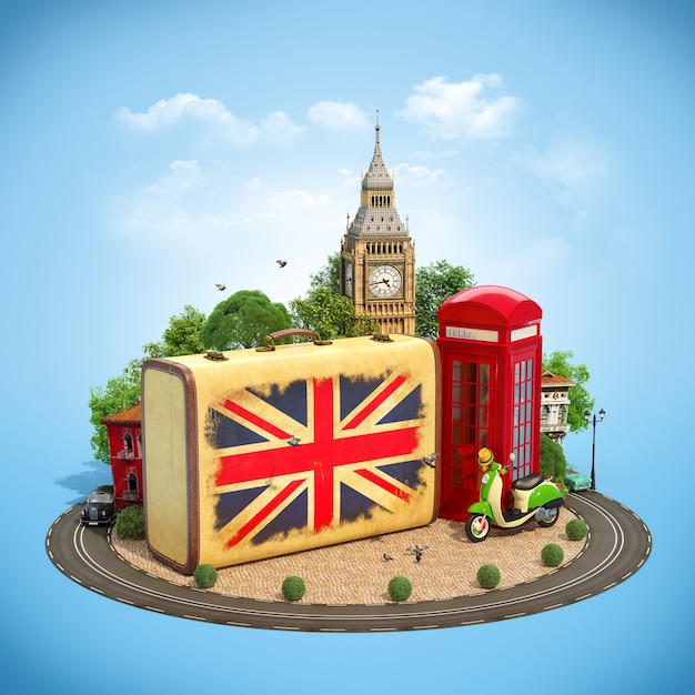 Vecchia valigia con bandiera britannica, Big Ben e cabina telefonica rossa