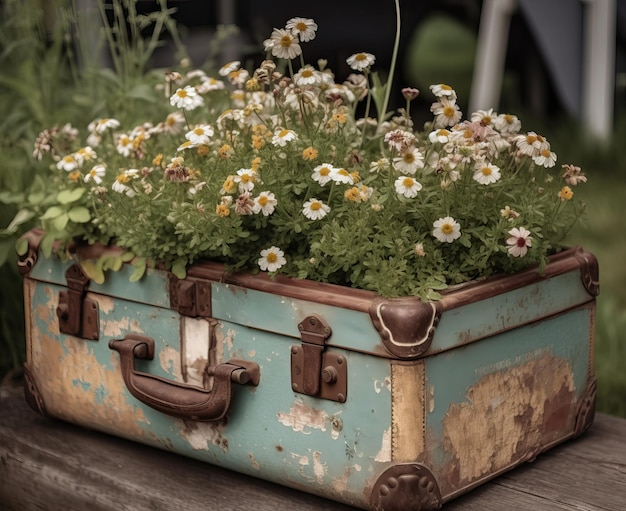 Vecchia valigia vintage aperta con fiori selvatici all'interno Focus morbido selettivo