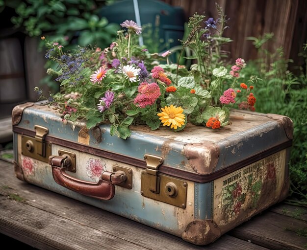 Vecchia valigia vintage con fiori di campo sul coperchio