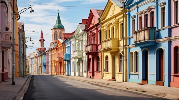 Vecchia vista sulla strada Tatar Sloboda con vecchie case colorate