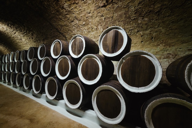 Vecchie botti di rovere da vino in una cantina conservata in una cantina