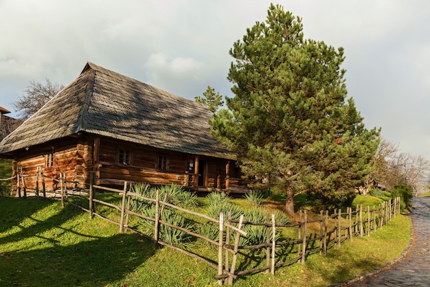 Vecchie case di legno con tetto di paglia, antico cottage rurale ucraino tradizionale con tetto di paglia