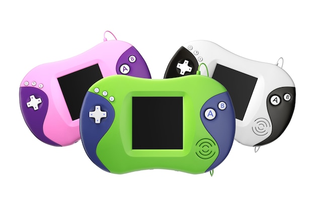 Vecchie console per videogiochi portatili multicolori su sfondo bianco. Rendering 3D