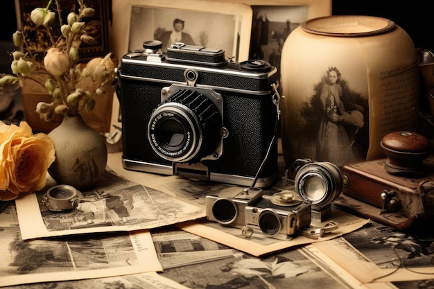 Vecchie foto con fotocamera d'epoca e una candela su uno sfondo scuro Fotocamera d'epoca e vecchie fotografie generate da IA