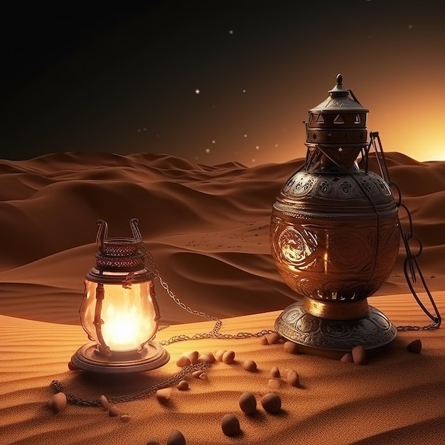 Vecchie lampade a olio nella notte del deserto