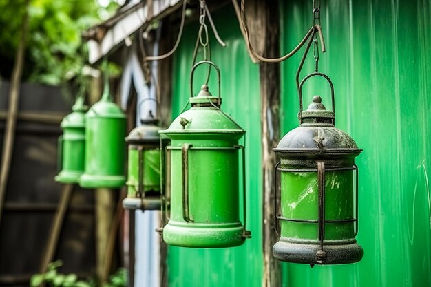 Vecchie lanterne verdi su sfondo verde IA generativa