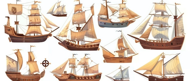 Vecchie navi di legno con volanti, vele strappate, ancore, corde e alberi.