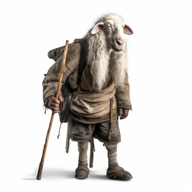 Vecchie pecore che camminano su due gambe con bastone e zaino