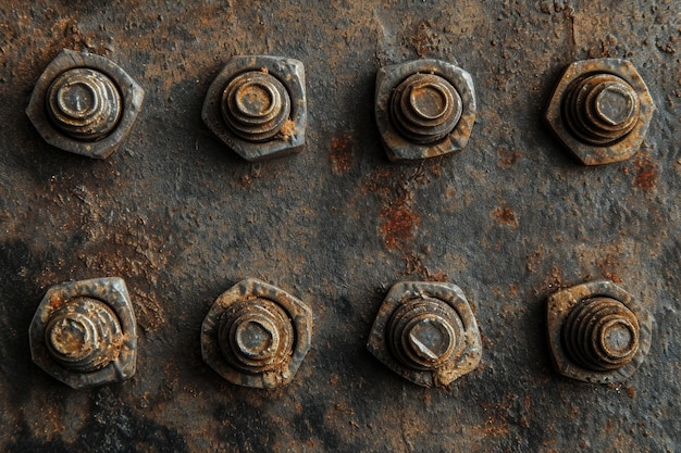 Vecchie teste delle viti arrugginite vintage retrò dalla vista dall'alto su sfondo metallico grunge