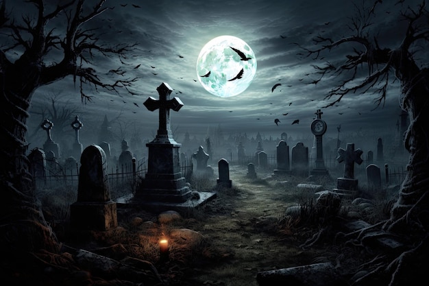 Vecchie tombe luna e corvo nel cimitero