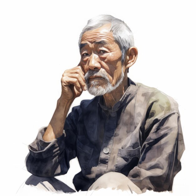 Vecchio asiatico nel pensare e dubitare dell'illustrazione dell'acquerello Personaggio maschile con volto sognante su sfondo astratto Poster acquerello generato ai