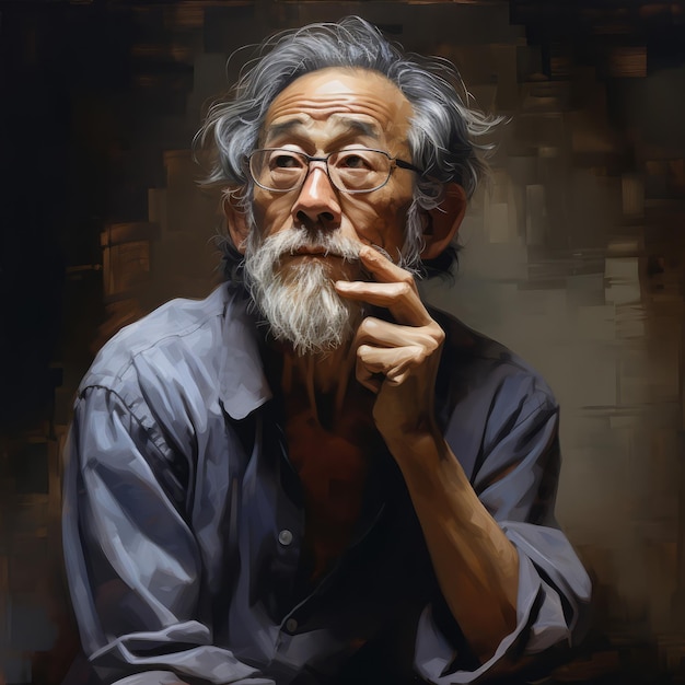 Vecchio asiatico nel pensare e dubitare dell'illustrazione fotorealistica Personaggio maschile con volto sognante su sfondo astratto poster luminoso realistico generato ai