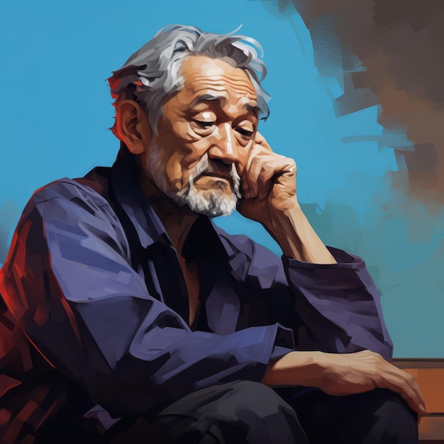 Vecchio asiatico nel pensiero e nei dubbi illustrazione dipinta a olio Personaggio maschile con volto sognante su sfondo astratto Ai generato poster luminoso in tela acrilica