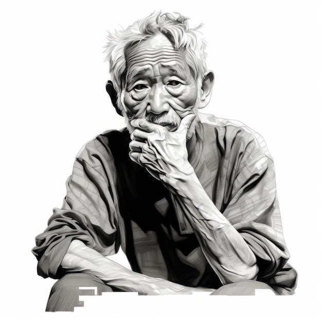 Vecchio asiatico nel pensiero e nell'illustrazione monocromatica dei dubbi Personaggio maschile con volto sognante su sfondo astratto Poster di schizzo in bianco e nero generato da ai